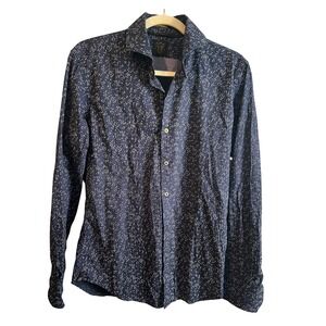Rare Rabbit Mens Navy Blue White Geometric Print Long Sleeve Button Down Shirt S
